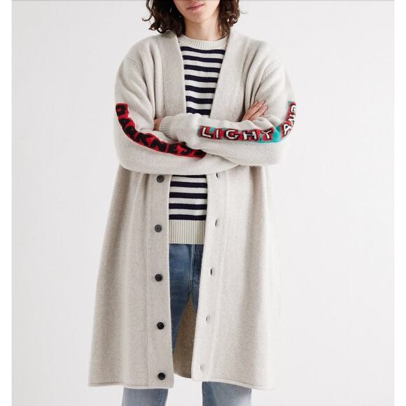 The Elder Statesman Tan Intarsia Long Line Cashmere Cardigan L - Picture 10 of 14